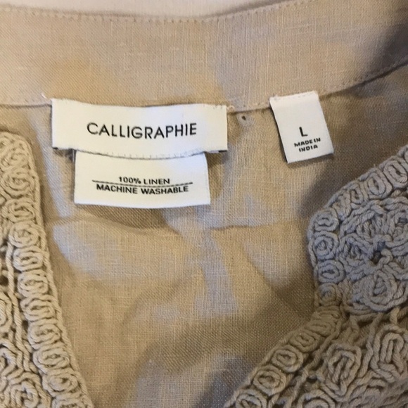 Calligraphie women’s 100% linen longsleeve V-neck blouse size L tan NWT - Picture 7 of 12